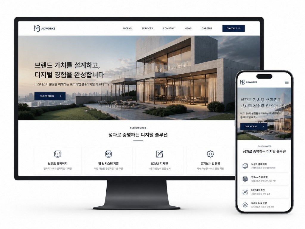 건축 홈페이지의 데스크톱 및 모바일 반응형 화면 예시